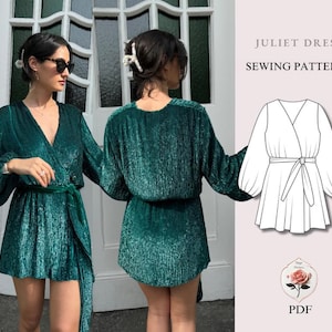 Robe Juliette | Patron de couture pour mini-robe kimono portefeuille | Patron facile à suivre pour débutants | Tailles XXS à 2XL | Téléchargement PDF instantané et facile