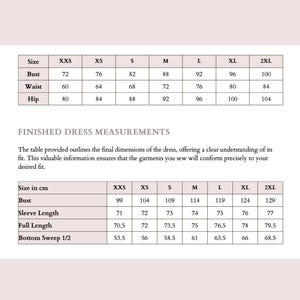 May include: A detailed size chart for a dress, with measurements in centimeters and inches. The chart includes bust, waist, and hip measurements, as well as sleeve length and full length, for sizes ranging from XXS to 2XL.