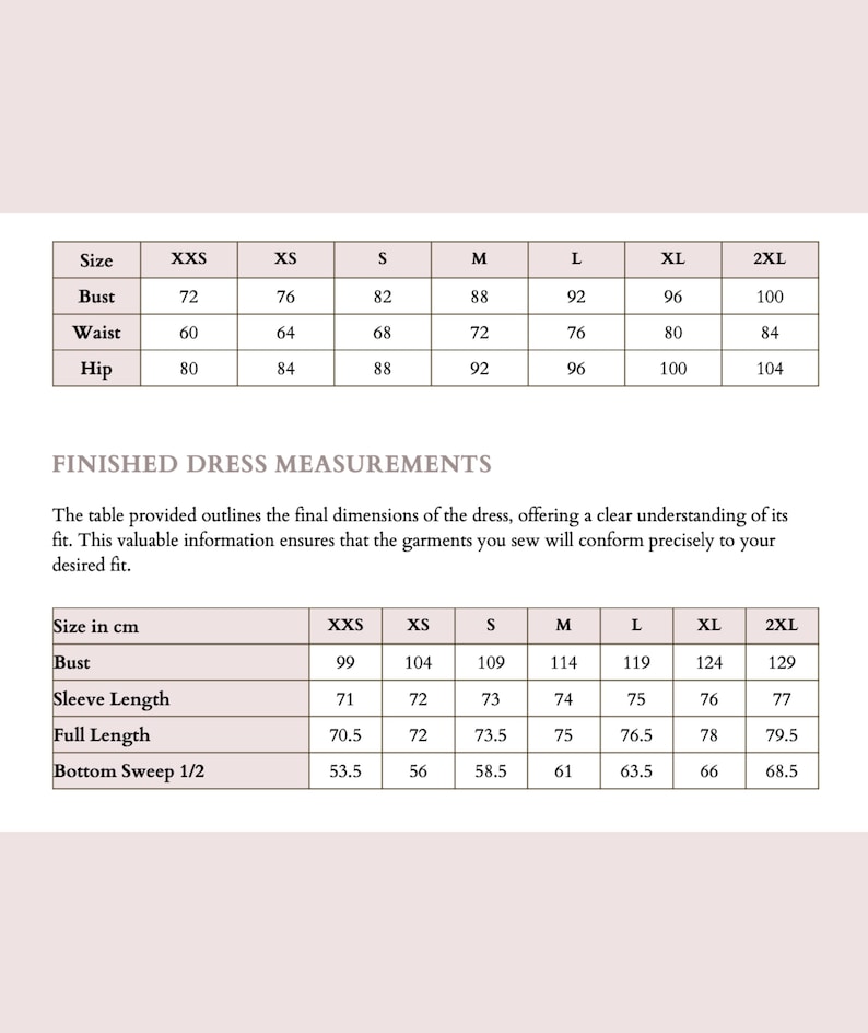 May include: A detailed size chart for a dress, with measurements in centimeters and inches. The chart includes bust, waist, and hip measurements, as well as sleeve length and full length, for sizes ranging from XXS to 2XL.
