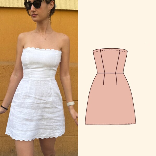 Digital Pattern + Tutorial Video A-Line Strapless Dress | PDF Sewing Template XXS-XXL