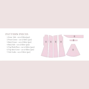 May include: A diagram of pattern pieces for sewing. The pieces are in a light pink color and are labeled with numbers and descriptions. The text "PATTERN PIECES" is at the top of the image.