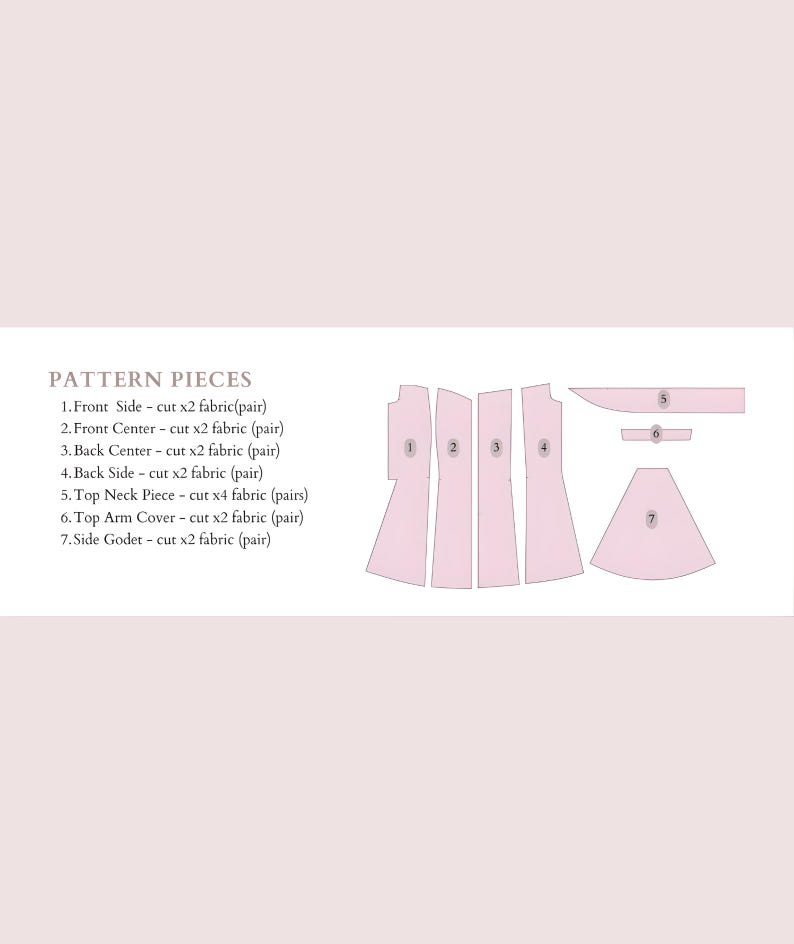 May include: A diagram of pattern pieces for sewing. The pieces are in a light pink color and are labeled with numbers and descriptions. The text "PATTERN PIECES" is at the top of the image.
