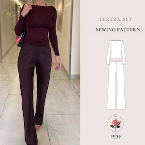 Könnte beinhalten: Ein weinrotes Langarm-Oberteil und eine passende Hose. Das Oberteil hat einen U-Boot-Ausschnitt und die Hose ist weit geschnitten. Das Bild enthält auch ein Schnittmuster mit dem Text "TEREZA SET SEWING PATTERN" und ein PDF-Symbol.