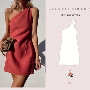Op de afbeelding: Een naaipatroon voor een jurk met één schouder. Het patroon wordt getoond op een witte achtergrond met een roos illustratie en de tekst "PDF".