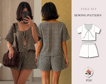 Tina Set | Naaipatroonbundel voor crop top | Digitaal PDF-naaipatroon | Damesblouse & wijde shorts | XXS-5XL | Direct te downloaden