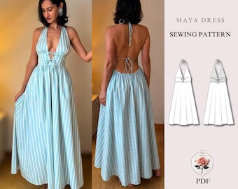 Open Back Halter Dress Tie Front Dress Beginner Sewing Pattern PDF INSTANT DOWNLOAD