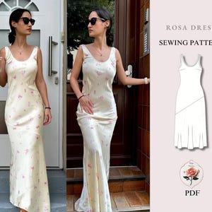 Könnte beinhalten: Ein bodenlanges, cremefarbenes Slip-Kleid mit zartem rosa Blumenmuster, Rundhalsausschnitt und breiten Trägern. Das Bild enthält eine technische Strichzeichnung des Rosa Dress Schnittmusters mit dem Text PDF.