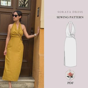 May include: A mustard-yellow halter dress with a knot detail at the bust. The dress is worn by a person wearing sunglasses. The image also shows a sewing pattern for the "Soraya Dress" with a line drawing of the dress and the text "Sewing Pattern".