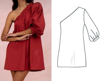 Pattern PDF A-Line One Shoulder Puffy Dress With A-Symmetrical Neckline, digital sewing pattern Size XXS - XXL