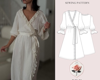 May include: A white robe with a wrap-around design, featuring lace trim along the edges and sleeves. The robe is tied at the waist with a matching belt. The image also includes a sewing pattern diagram and the text "NILA ROBE SEWING PATTERN" and "PDF".
