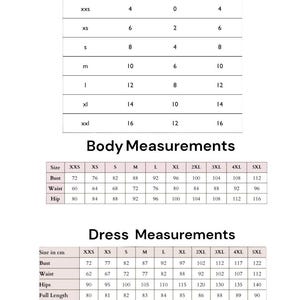 May include: A size conversion chart with three tables. The first table compares sizes across AUS, US, and UK. The second table lists body measurements for bust, waist, and hip. The third table provides dress measurements in cm for bust, waist, hips, length, and sweep.