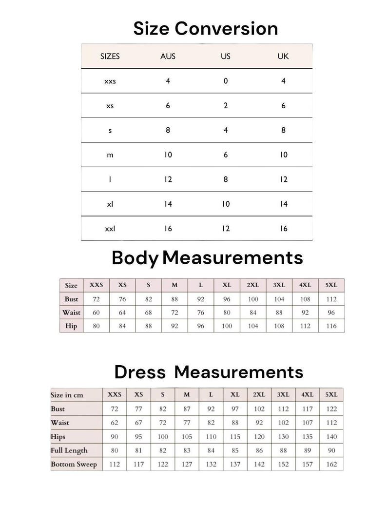 May include: A size conversion chart with three tables. The first table compares sizes across AUS, US, and UK. The second table lists body measurements for bust, waist, and hip. The third table provides dress measurements in cm for bust, waist, hips, length, and sweep.
