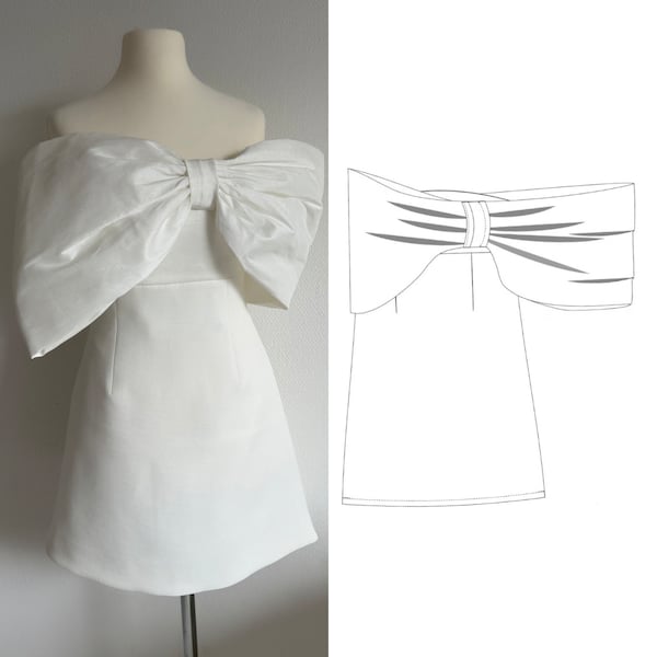 PDF Pattern Strapless Dress With Bow Neckline Pattern A-Line Mini Dress, digital sewing Size XXS - XXL