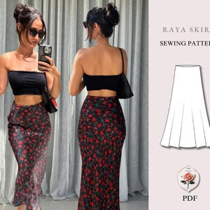 Op de afbeelding: Een Raya Skirt naaipatroon PDF met een zwarte midirok met een rode en blauwgroene bloemenprint. De afbeelding toont een voor- en achteraanzicht van de rok gedragen met een zwarte bandeau-top, naast een technische lijntekening van het ontwerp.