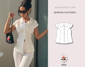 Analeia Top | Peter Pan Collar Blouse Pattern | Button Front Princess Seam Top | Beginner Friendly | Sizes XXS–2XL | Instant PDF Download
