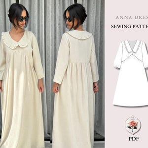 Könnte beinhalten: Ein beiges Kleid mit langen Ärmeln, Rüschenkragen und geraffter Taille, von vorne und hinten dargestellt. Das Bild enthält eine technische Strichzeichnung mit der Aufschrift ANNA DRESS SEWING PATTERN und eine kleine Rosengrafik mit dem Text PDF.