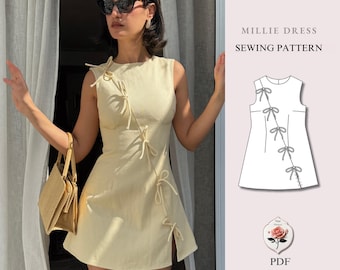 Millie Dress | Sleeveless Mini Dress Pattern with Bow Ties | Diagonal Front Seam | Beginner Friendly | Sizes XXS–2XL | Instant PDF Download