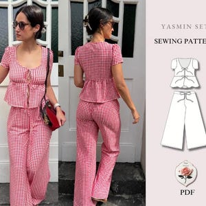May include: A Yasmin Set sewing pattern PDF featuring a red and white gingham top with short sleeves and a front tie closure, paired with matching wide-leg trousers. The image includes a technical line drawing of the top and pants set.