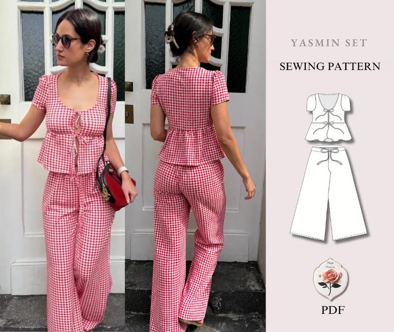 May include: A Yasmin Set sewing pattern PDF featuring a red and white gingham top with short sleeves and a front tie closure, paired with matching wide-leg trousers. The image includes a technical line drawing of the top and pants set.