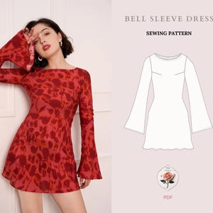 May include: A sewing pattern for a bell sleeve dress. The pattern is shown on a white background with a rose illustration and the word "PDF".