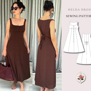 Könnte beinhalten: Ein braunes Midikleid mit eckigem Ausschnitt, durchgehender Knopfleiste vorne und Bindedetail am Rücken. Das Bild enthält eine technische Strichzeichnung des Helda Dress Schnittmusters mit Vorder- und Rückansicht sowie einer Rose.