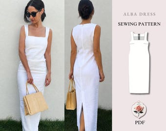 Alba Dress PDF Sewing Pattern Square Neck Maxi Dress Back Slit XXS–2XL