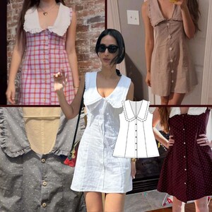 May include: A collection of sleeveless dresses featuring a large ruffled collar and a front button-down closure. The designs include a pink and orange plaid pattern, a solid beige, a solid white, a grey with white dots, and a dark red with white dots.
