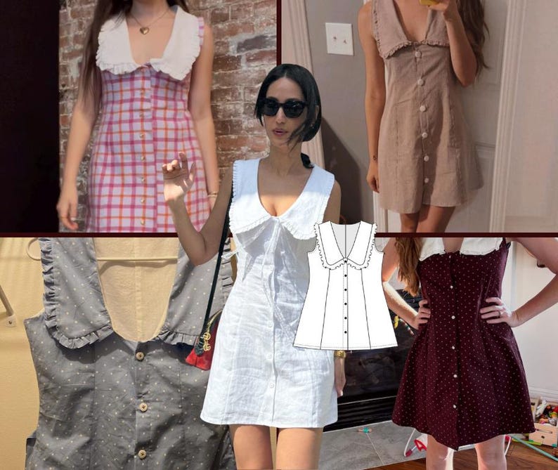 May include: A collection of sleeveless dresses featuring a large ruffled collar and a front button-down closure. The designs include a pink and orange plaid pattern, a solid beige, a solid white, a grey with white dots, and a dark red with white dots.