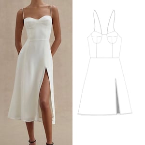 Pattern PDF A-Line Midi Maxi Dress With V Neckline and Side Slit, digital sewing patterns Size XXS - XXL