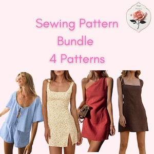 May include: Sewing pattern bundle of four patterns. The image shows four different dress styles: a blue gingham dress, a yellow floral dress, a red one-shoulder dress, and a brown square-neck dress.