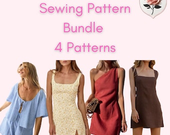 PDF Sewing Pattern Bundle | 4 Easy Patterns | Crop Shirt Shorts | One Shoulder Dress | Vintage Mini Dress | Summer Dress | INSTANT DOWNLOAD