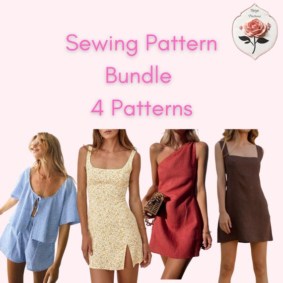 PDF Sewing Pattern Bundle | 4 Easy Patterns | Crop Shirt Shorts | One Shoulder Dress | Vintage Mini Dress | Summer Dress | INSTANT DOWNLOAD