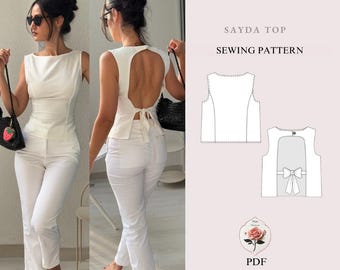 Sayda Top | Open Back Sleeveless Top Pattern | Princess Seam Blouse with Waist Ties | Beginner Friendly | Sizes XXS–2XL | Instant Download