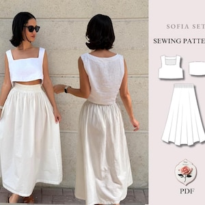 May include: A white two-piece outfit consisting of a sleeveless square-neck crop top and a long, gathered skirt with an elastic waistband. The image includes a technical line drawing of the Sofia Set sewing pattern with PDF text.