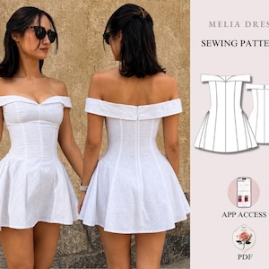 May include: A white off-the-shoulder mini dress with a fitted bodice and flared skirt, shown from front and back views. The image includes a technical line drawing labeled Melia Dress Sewing Pattern, App Access, and PDF text icons.