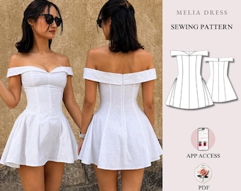 Off-Shoulder Mini Dress Sewing Pattern | Sizes XXS–2XL | Sweetheart Neckline Fit & Flare Dress | Instant PDF Download