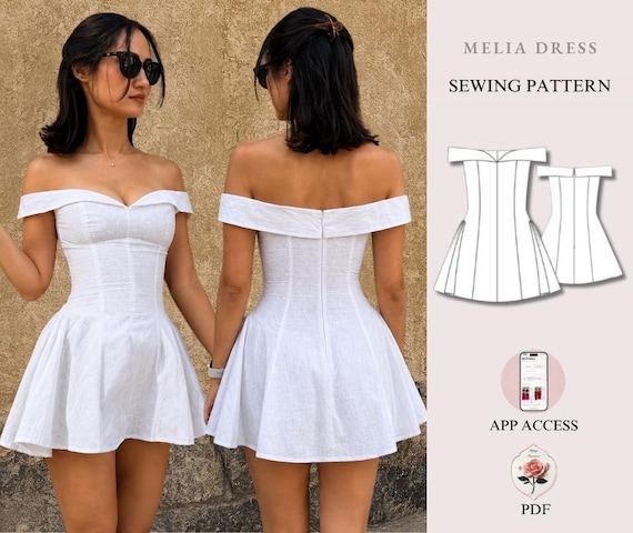Off-Shoulder Mini Dress Sewing Pattern | Sizes XXS–2XL | Sweetheart Neckline Fit & Flare Dress | Instant PDF Download