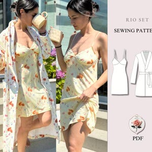 May include: A Rio Set sewing pattern featuring a light yellow slip dress and a matching robe, both decorated with a small orange and blue floral print. The digital PDF includes technical line drawings of the dress and robe with a rose logo.