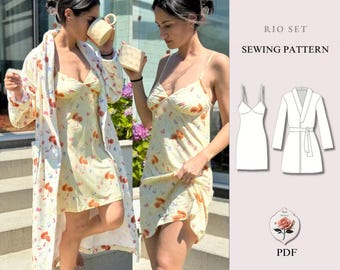 Rio Set | Bathrobe + Slip Dress Pattern | Womens Sleepwear Pattern | Easy PDF Sewing Pattern | Kimono Robe Pattern | Easy INSTANT DOWNLOAD