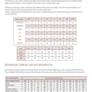 K&ouml;nnte beinhalten: Eine Gr&ouml;&szlig;entabelle mit K&ouml;rperma&szlig;en und Ma&szlig;en f&uuml;r das fertige Kleid in Zentimetern. Das Dokument enth&auml;lt &Uuml;berschriften f&uuml;r Size Guide, Australia, Denmark, Japan, UK, USA, Italy und French sowie entsprechende numerische Daten.