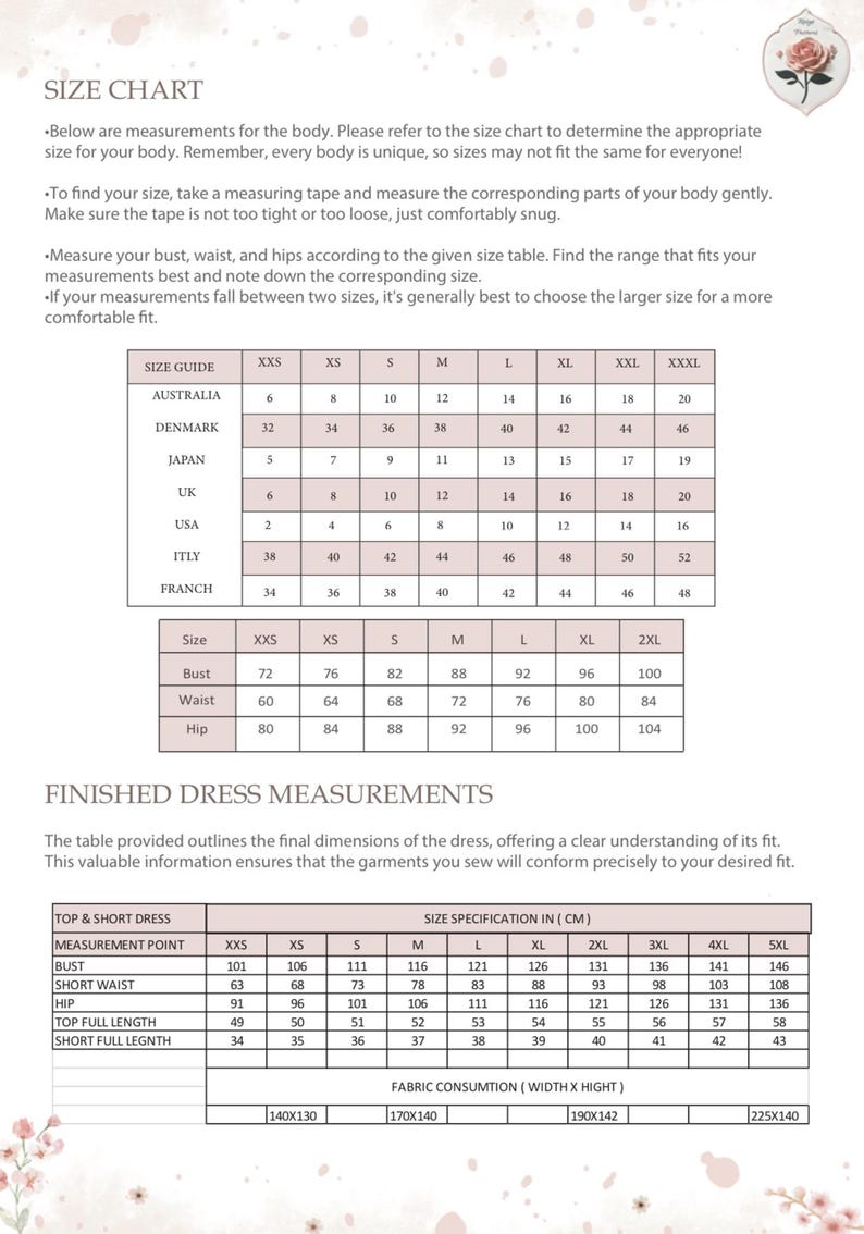 K&ouml;nnte beinhalten: Eine Gr&ouml;&szlig;entabelle mit K&ouml;rperma&szlig;en und Ma&szlig;en f&uuml;r das fertige Kleid in Zentimetern. Das Dokument enth&auml;lt &Uuml;berschriften f&uuml;r Size Guide, Australia, Denmark, Japan, UK, USA, Italy und French sowie entsprechende numerische Daten.