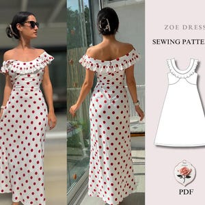 Könnte beinhalten: Ein weißes, bodenlanges Kleid mit roten Punkten, das einen schulterfreien Ausschnitt mit Rüschenbesatz aufweist. Das Bild enthält eine technische Strichzeichnung des Zoe Dress Schnittmusters mit dem Text ZOE DRESS SEWING PATTERN PDF.