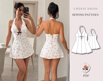 Cherie Dress | A-Line Halter Backless Mini Dress | Summer Sewing Pattern | Vintage Dress Patterns | Sizes XXS-2XL | Easy PDF Instant Download