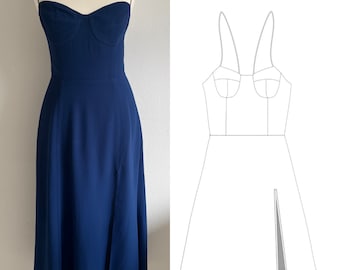Pattern PDF + Tutorial Video A-Line Midi Maxi Dress With V Neckline and Side Slit, digital sewing patterns Size XXS - XXL