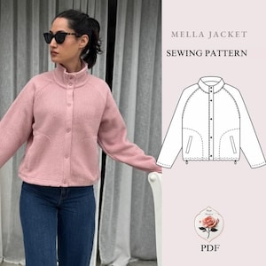 May include: A woman in a light pink fleece jacket with a high collar and button closure, paired with blue jeans and sunglasses. The image includes a sewing pattern illustration labelled "MELLA JACKET SEWING PATTERN".