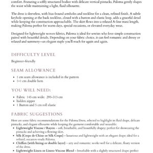 May include: Text from a sewing pattern titled "Paloma" describes a sleeveless dress with a keyhole back, A-line maxi skirt, and vertical pintucks. The pattern is beginner-friendly and suggests fabric options like viscose and silk.