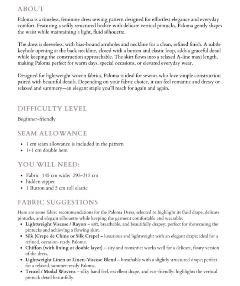 May include: Text from a sewing pattern titled "Paloma" describes a sleeveless dress with a keyhole back, A-line maxi skirt, and vertical pintucks. The pattern is beginner-friendly and suggests fabric options like viscose and silk.