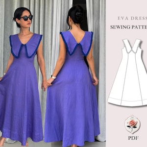 Könnte beinhalten: Ein violettes ärmelloses Maxikleid mit einem breiten Kragen und dunkelblauem Besatz. Das Bild enthält eine technische Strichzeichnung des Eva Dress Schnittmusters mit dem Text EVA DRESS SEWING PATTERN und PDF, die Vorder- und Rückansicht.