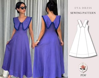 Eva Dress | Peter Pan Collar Midi Dress Sewing Pattern | Vintage Style Dress | Womens Dress Pattern | Sizes XXS-2XL | Instant PDF Download