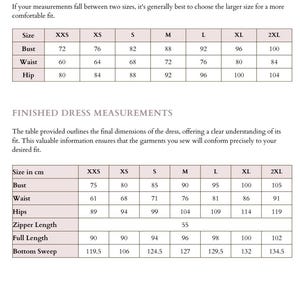 May include: A chart showing finished dress measurements in inches for sizes XXS to 2XL. The chart includes measurements for bust, waist, hips, zipper length, full length, and bottom sweep.